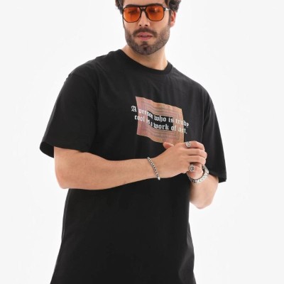 Erkek Baskılı T-Shirt Kısa Kol Bisiklet Yaka Regular Fit Rahat Kalıp Tişört -  Siyah