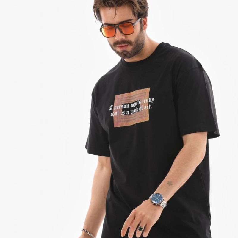 Erkek Baskılı T-Shirt Kısa Kol Bisiklet Yaka Regular Fit Rahat Kalıp Tişört -  Siyah
