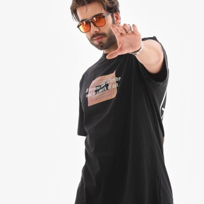 Erkek Baskılı T-Shirt Kısa Kol Bisiklet Yaka Regular Fit Rahat Kalıp Tişört -  Siyah