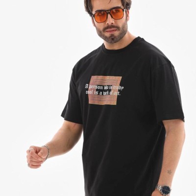 Erkek Baskılı T-Shirt Kısa Kol Bisiklet Yaka Regular Fit Rahat Kalıp Tişört -  Siyah