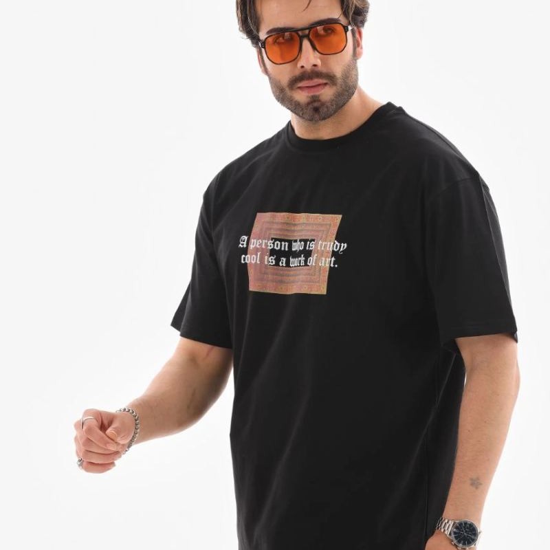 Erkek Baskılı T-Shirt Kısa Kol Bisiklet Yaka Regular Fit Rahat Kalıp Tişört -  Siyah