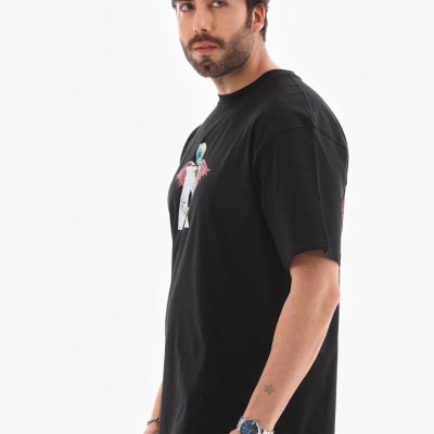 Erkek Baskılı T-Shirt Kısa Kol Bisiklet Yaka Regular Fit Rahat Kalıp Tişört -  Siyah