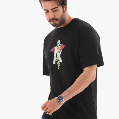 Erkek Baskılı T-Shirt Kısa Kol Bisiklet Yaka Regular Fit Rahat Kalıp Tişört -  Siyah