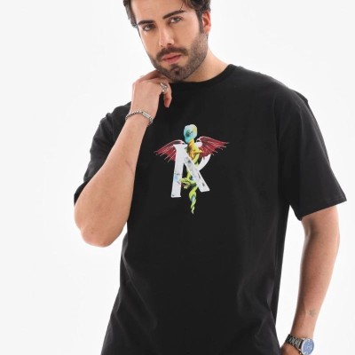 Erkek Baskılı T-Shirt Kısa Kol Bisiklet Yaka Regular Fit Rahat Kalıp Tişört -  Siyah