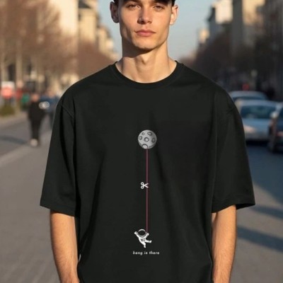 Erkek Baskılı T-Shirt Kısa Kol Bisiklet Yaka Regular Fit Rahat Kalıp Tişört - Siyah