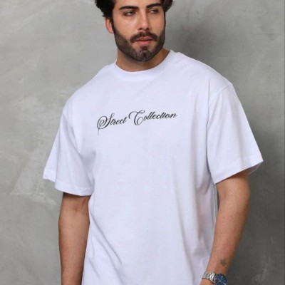 Erkek Baskılı T-Shirt Kısa Kol Bisiklet Yaka Regular Fit Tişört - Beyaz