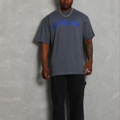Erkek Baskılı T-Shirt Kısa Kol Bisiklet Yaka Regular Fit Tişört - Füme