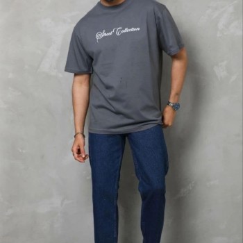 Erkek Baskılı T-Shirt Kısa Kol Bisiklet Yaka Regular Fit Tişört - Füme