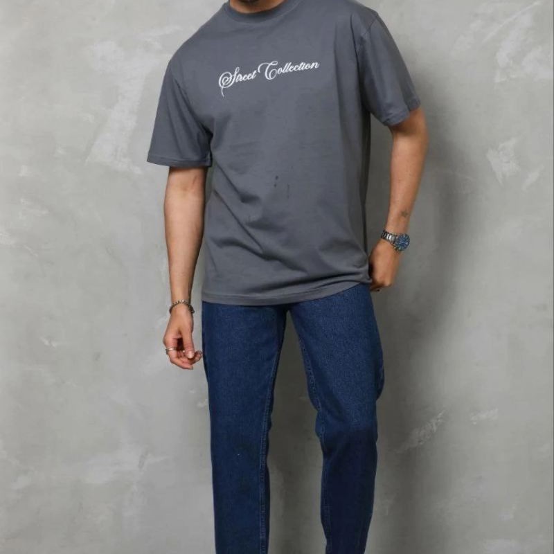 Erkek Baskılı T-Shirt Kısa Kol Bisiklet Yaka Regular Fit Tişört - Füme