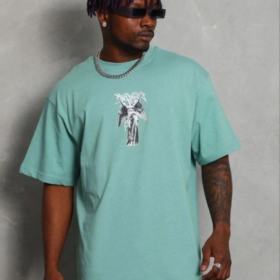 Erkek Baskılı T-Shirt Kısa Kol Bisiklet Yaka Regular Fit Tişört - Mint Yeşili