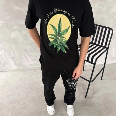 Erkek Baskılı T-Shirt Kısa Kol Bisiklet Yaka Regular Fit Yazlık Tişört - SiyahSiyah