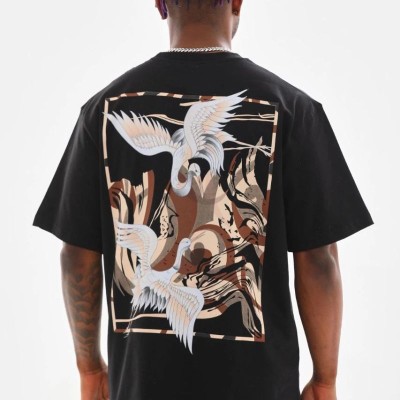 Erkek Baskılı T-Shirt Yazlık Kısa Kol Bisiklet Yaka Tişört - Siyah