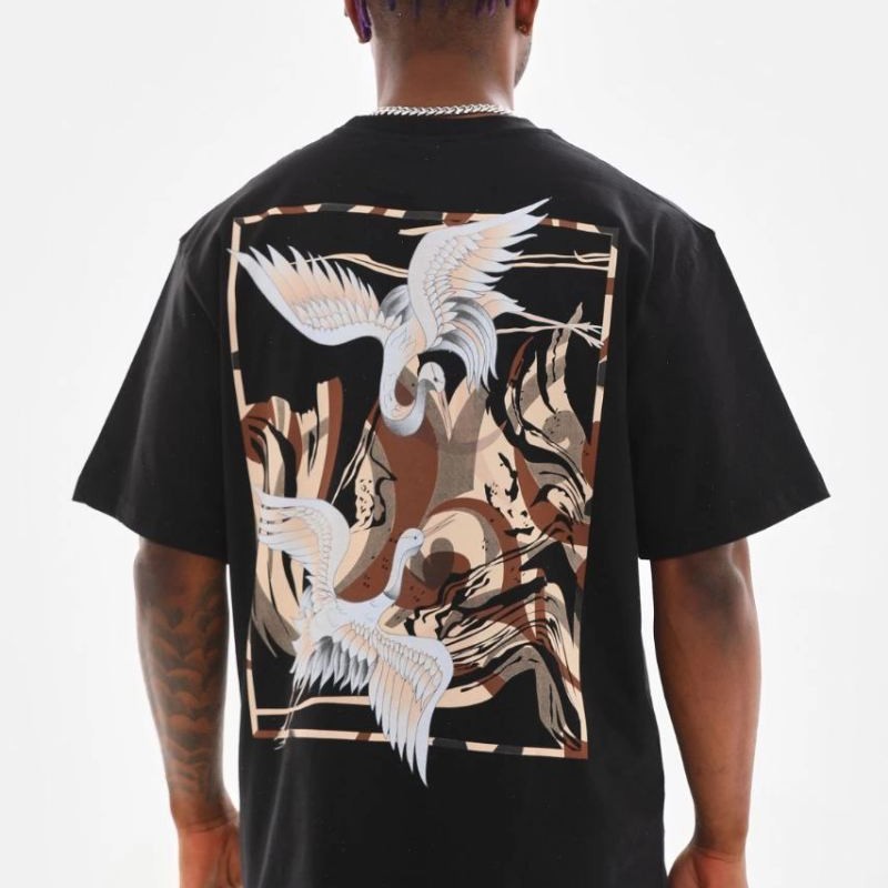 Erkek Baskılı T-Shirt Yazlık Kısa Kol Bisiklet Yaka Tişört - Siyah