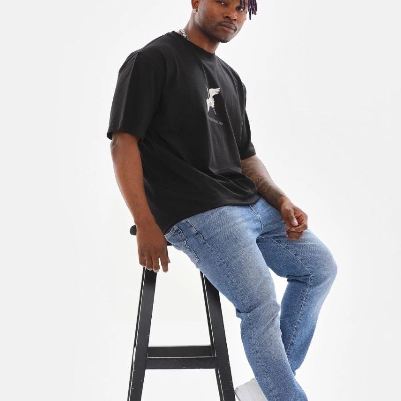 Erkek Baskılı T-Shirt Yazlık Kısa Kol Bisiklet Yaka Tişört - Siyah
