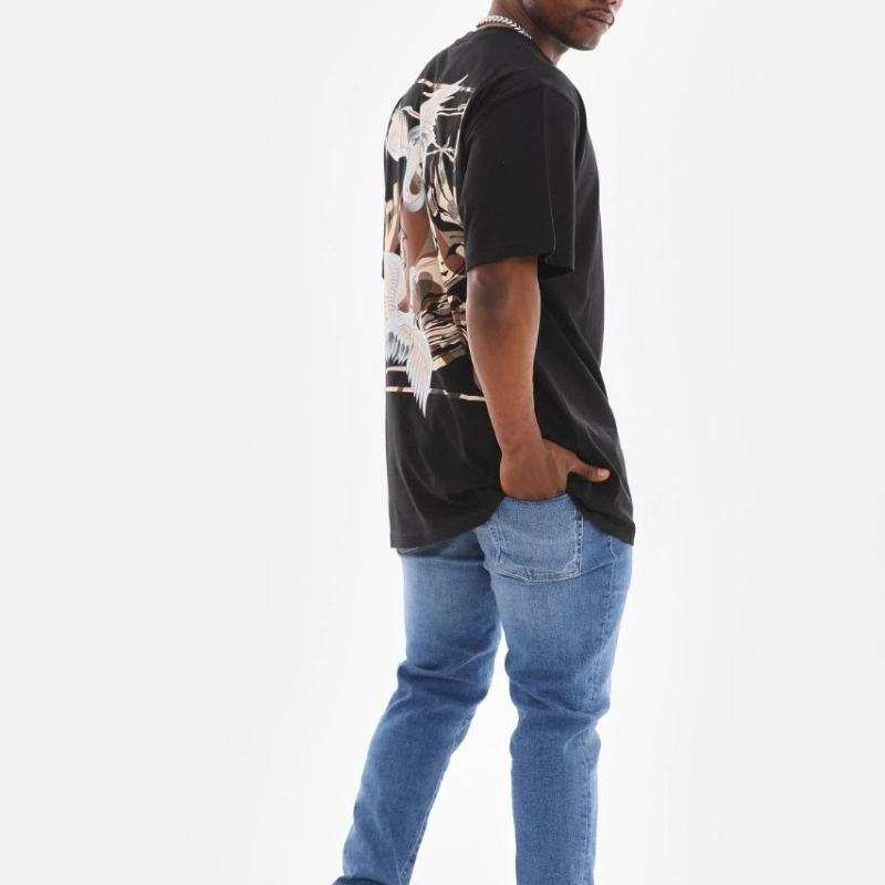 Erkek Baskılı T-Shirt Yazlık Kısa Kol Bisiklet Yaka Tişört - Siyah
