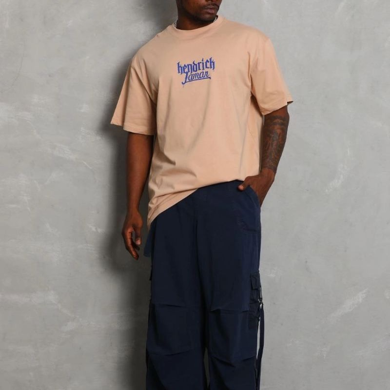 Erkek Baskılı Tişört Kısa Kol Bisiklet Yaka Oversize T-Shirt - Bej