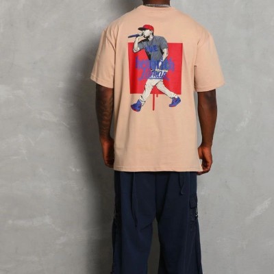 Erkek Baskılı Tişört Kısa Kol Bisiklet Yaka Oversize T-Shirt - Bej