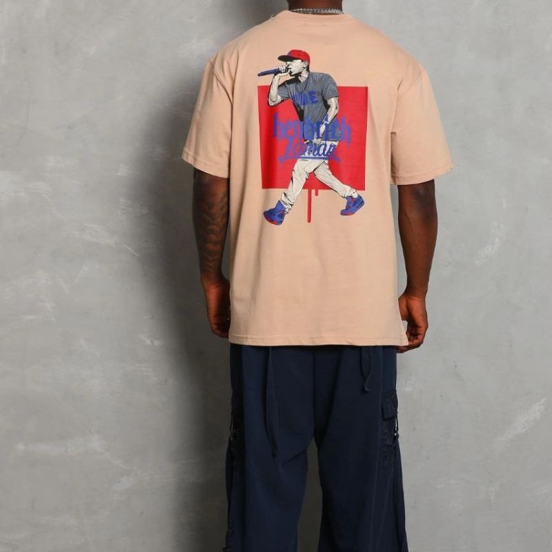 Erkek Baskılı Tişört Kısa Kol Bisiklet Yaka Oversize T-Shirt - Bej