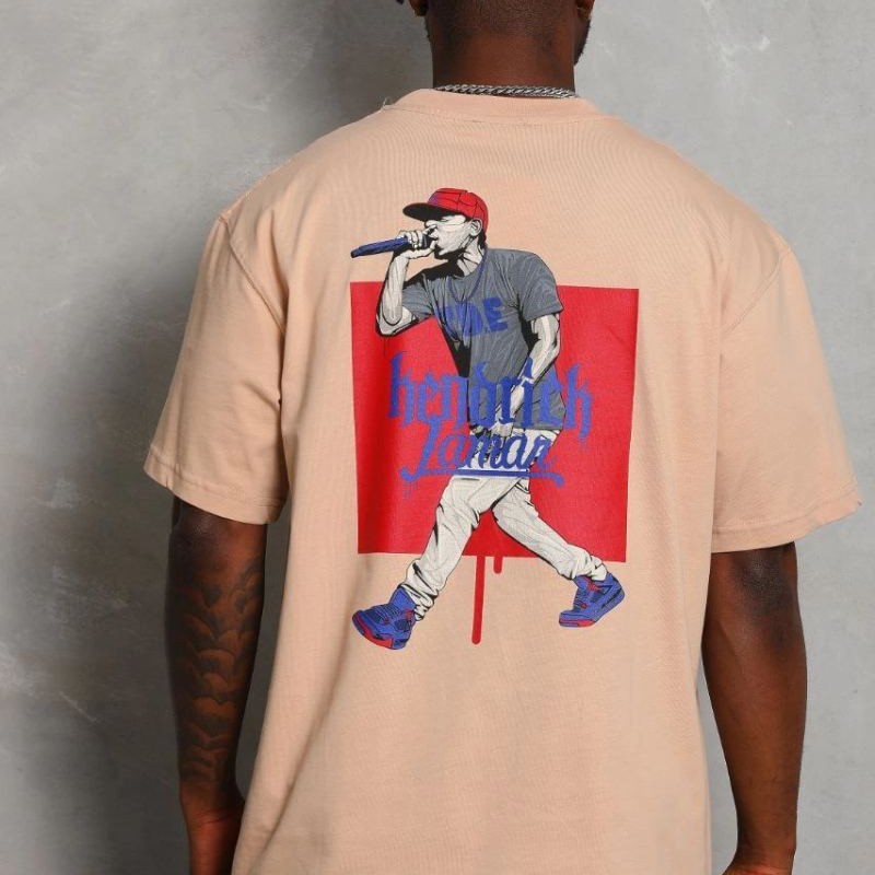 Erkek Baskılı Tişört Kısa Kol Bisiklet Yaka Oversize T-Shirt - Bej