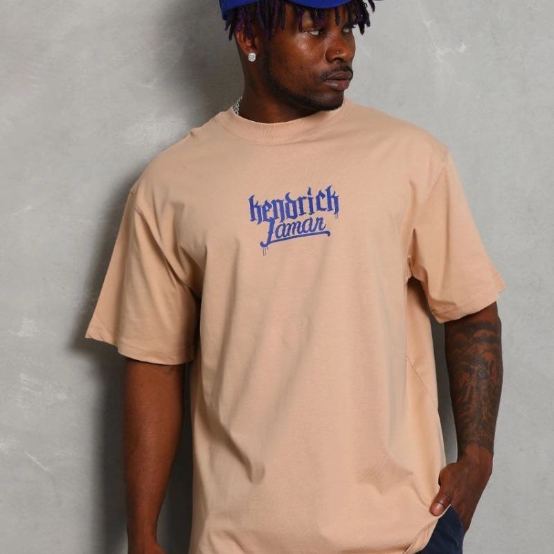 Erkek Baskılı Tişört Kısa Kol Bisiklet Yaka Oversize T-Shirt - Bej