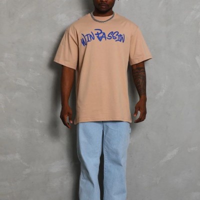 Erkek Baskılı Tişört Kısa Kol Bisiklet Yaka Oversize T-Shirt - Bej