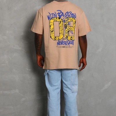 Erkek Baskılı Tişört Kısa Kol Bisiklet Yaka Oversize T-Shirt - Bej
