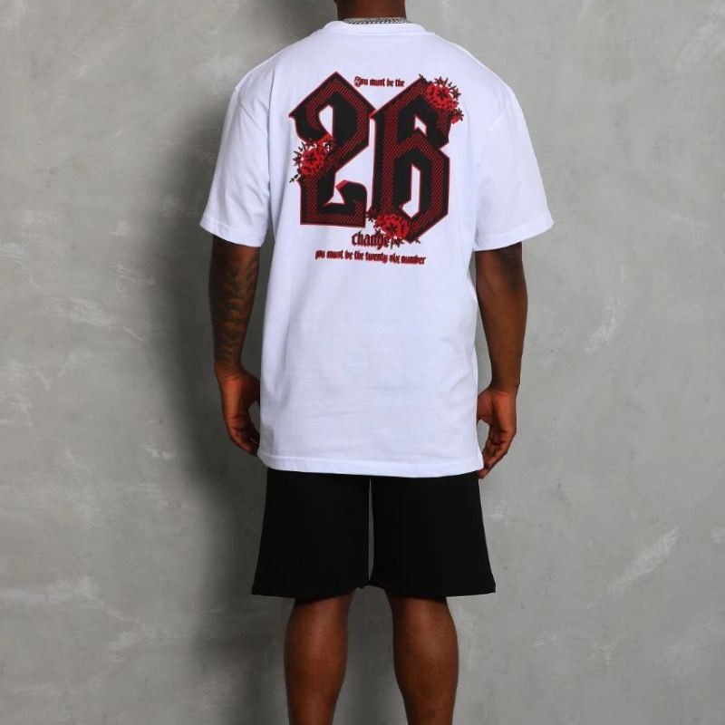 Erkek Baskılı Tişört Kısa Kol Bisiklet Yaka Oversize T-Shirt - Beyaz