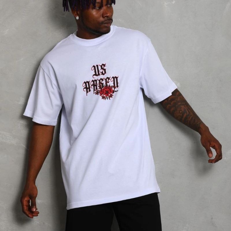 Erkek Baskılı Tişört Kısa Kol Bisiklet Yaka Oversize T-Shirt - Beyaz