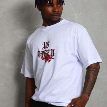 Erkek Baskılı Tişört Kısa Kol Bisiklet Yaka Oversize T-Shirt - Beyaz