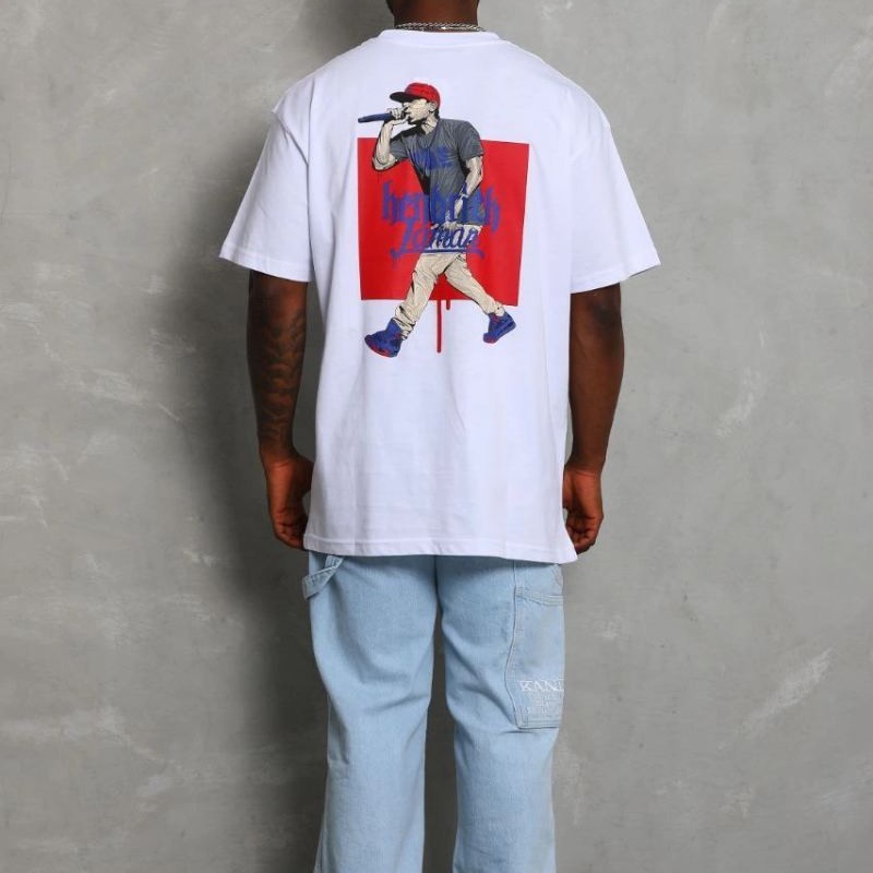 Erkek Baskılı Tişört Kısa Kol Bisiklet Yaka Oversize T-Shirt - Beyaz