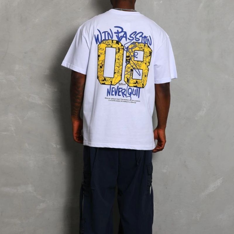 Erkek Baskılı Tişört Kısa Kol Bisiklet Yaka Oversize T-Shirt - Beyaz