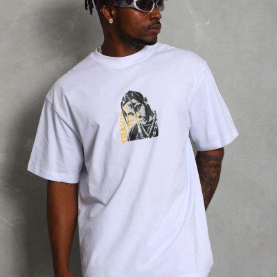 Erkek Baskılı Tişört Kısa Kol Bisiklet Yaka Oversize T-Shirt - Beyaz
