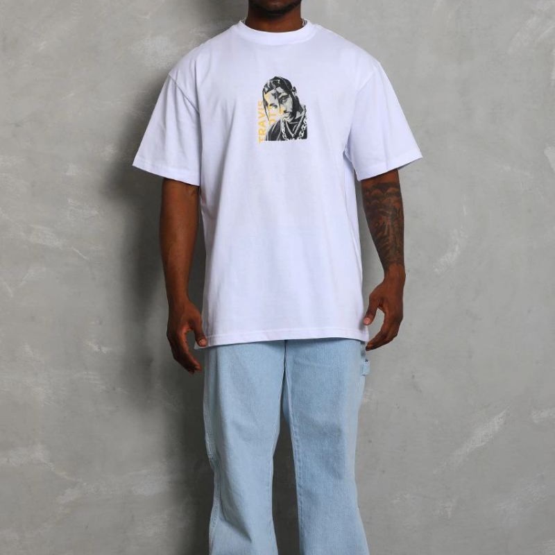Erkek Baskılı Tişört Kısa Kol Bisiklet Yaka Oversize T-Shirt - Beyaz
