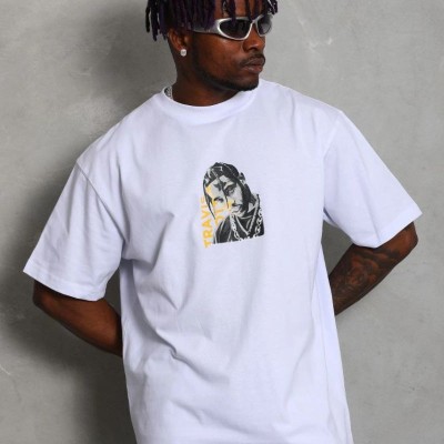 Erkek Baskılı Tişört Kısa Kol Bisiklet Yaka Oversize T-Shirt - Beyaz