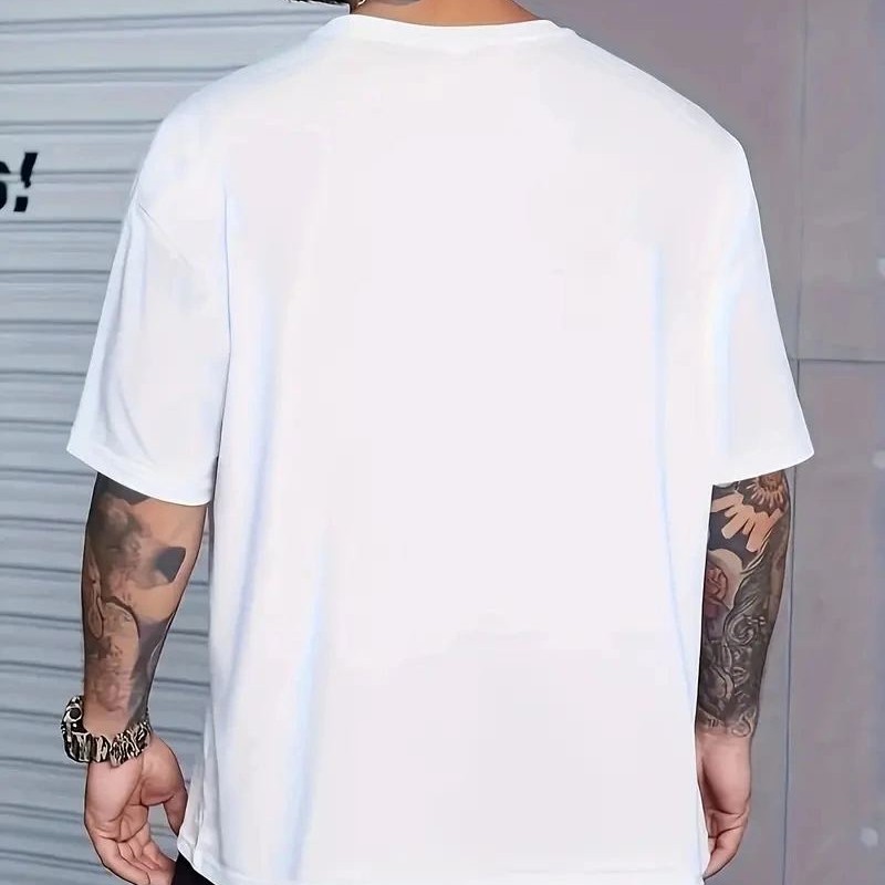 Erkek Baskılı Tişört Kısa Kol Bisiklet Yaka Oversize T-Shirt - Beyaz