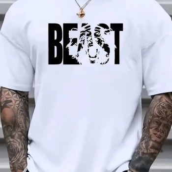 Erkek Baskılı Tişört Kısa Kol Bisiklet Yaka Oversize T-Shirt - Beyaz