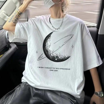 Erkek Baskılı Tişört Kısa Kol Bisiklet Yaka Oversize T-Shirt - Beyaz