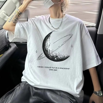 Erkek Baskılı Tişört Kısa Kol Bisiklet Yaka Oversize T-Shirt - Beyaz