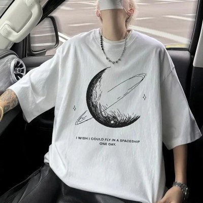Erkek Baskılı Tişört Kısa Kol Bisiklet Yaka Oversize T-Shirt - Beyaz
