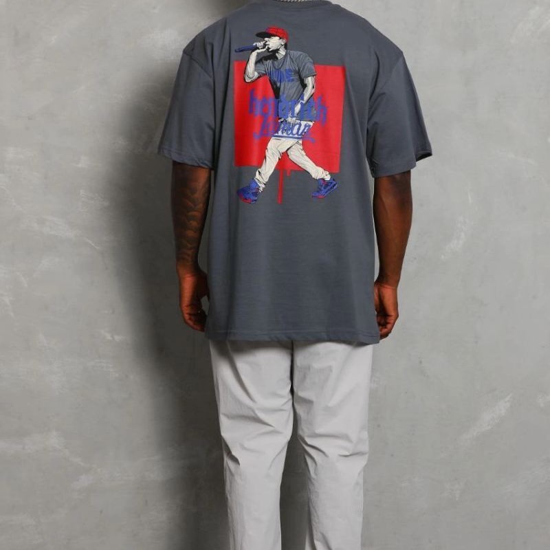Erkek Baskılı Tişört Kısa Kol Bisiklet Yaka Oversize T-Shirt - Füme