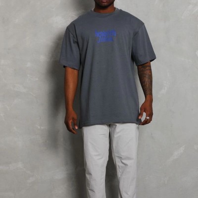 Erkek Baskılı Tişört Kısa Kol Bisiklet Yaka Oversize T-Shirt - Füme