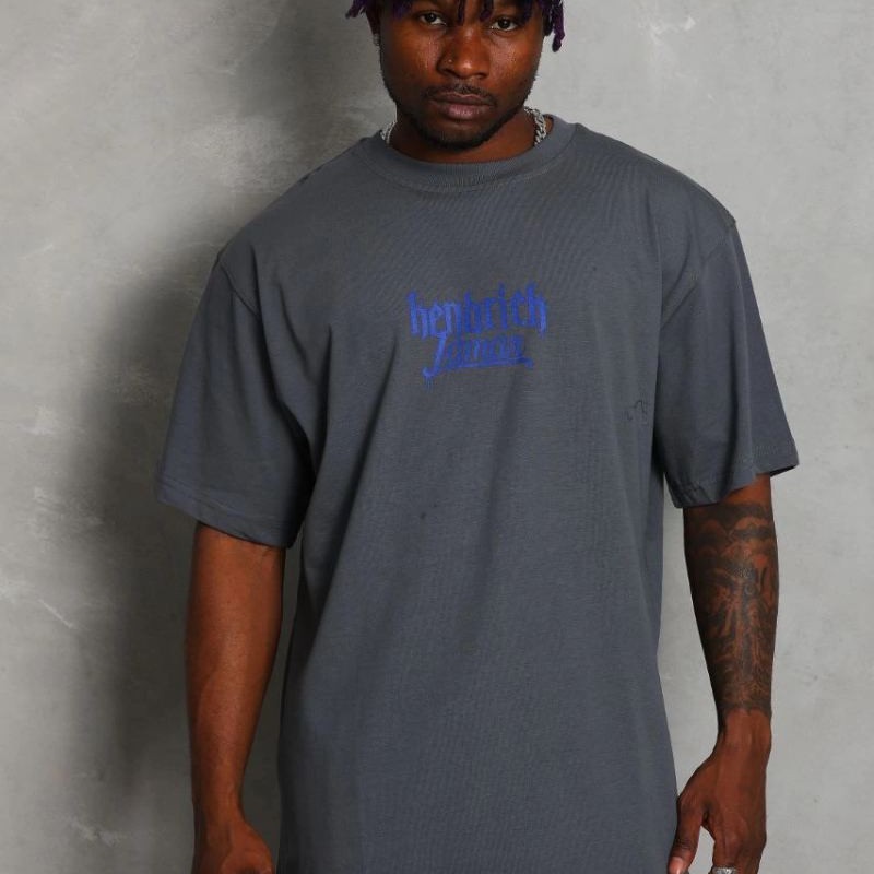 Erkek Baskılı Tişört Kısa Kol Bisiklet Yaka Oversize T-Shirt - Füme