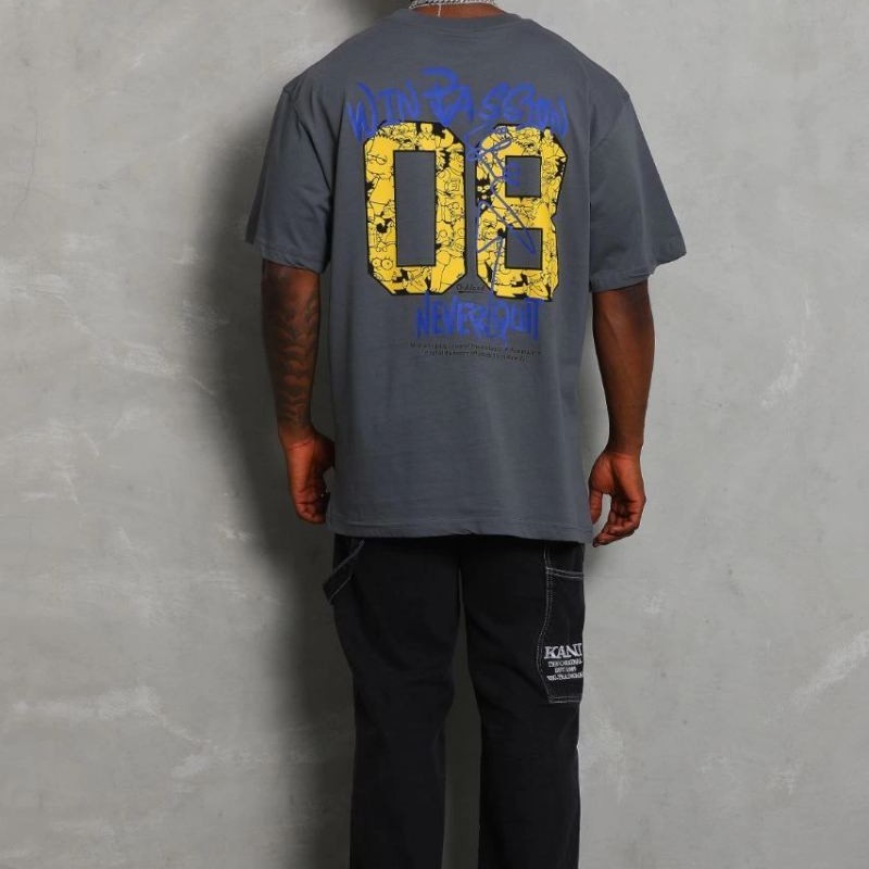 Erkek Baskılı Tişort Kısa Kol Bisiklet Yaka Oversize T-Shirt - Füme