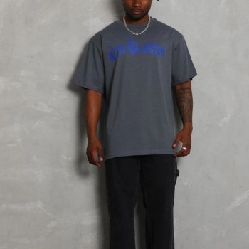 Erkek Baskılı Tişort Kısa Kol Bisiklet Yaka Oversize T-Shirt - Füme