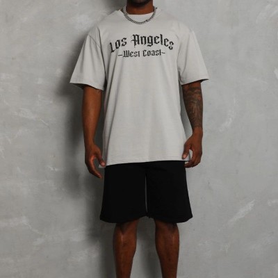 Erkek Baskılı Tişört Kısa Kol Bisiklet Yaka Oversize T-Shirt - Gri