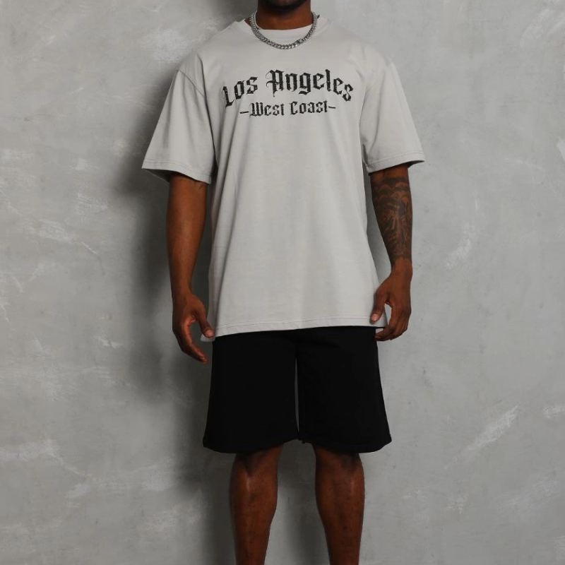 Erkek Baskılı Tişört Kısa Kol Bisiklet Yaka Oversize T-Shirt - Gri
