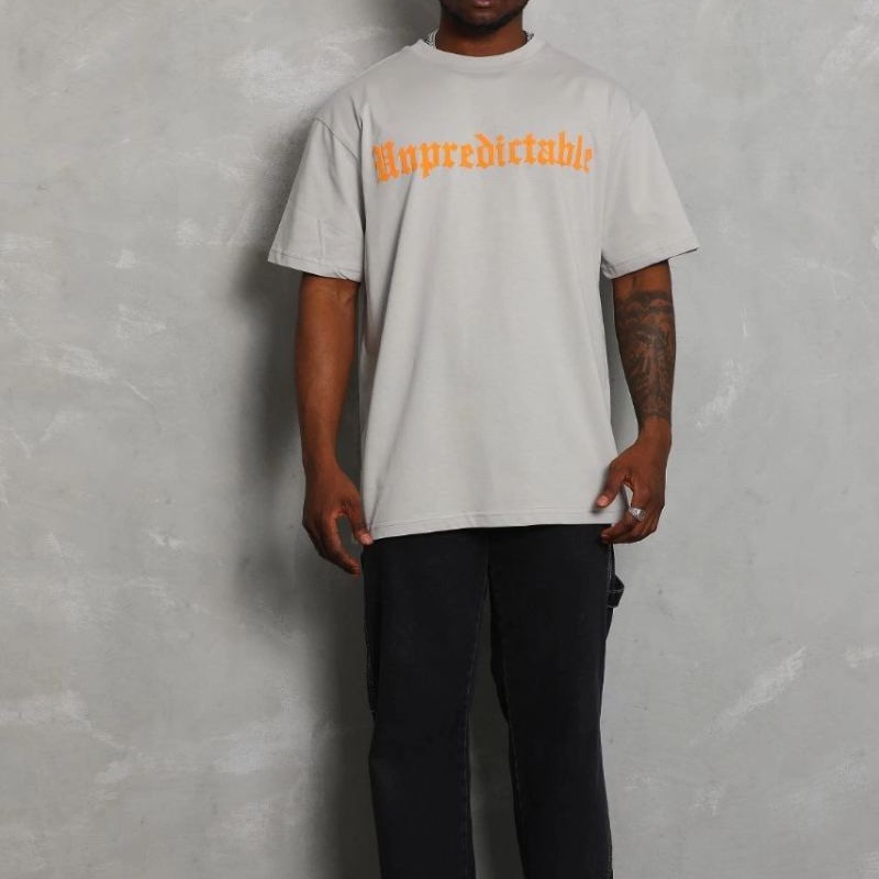 Erkek Baskılı Tişört Kısa Kol Bisiklet Yaka Oversize T-Shirt - Gri