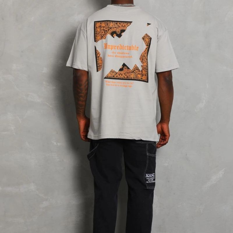Erkek Baskılı Tişört Kısa Kol Bisiklet Yaka Oversize T-Shirt - Gri