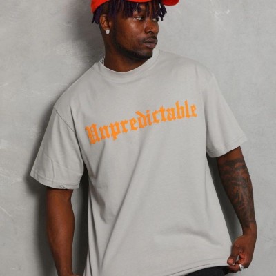 Erkek Baskılı Tişört Kısa Kol Bisiklet Yaka Oversize T-Shirt - Gri