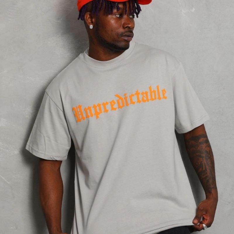 Erkek Baskılı Tişört Kısa Kol Bisiklet Yaka Oversize T-Shirt - Gri
